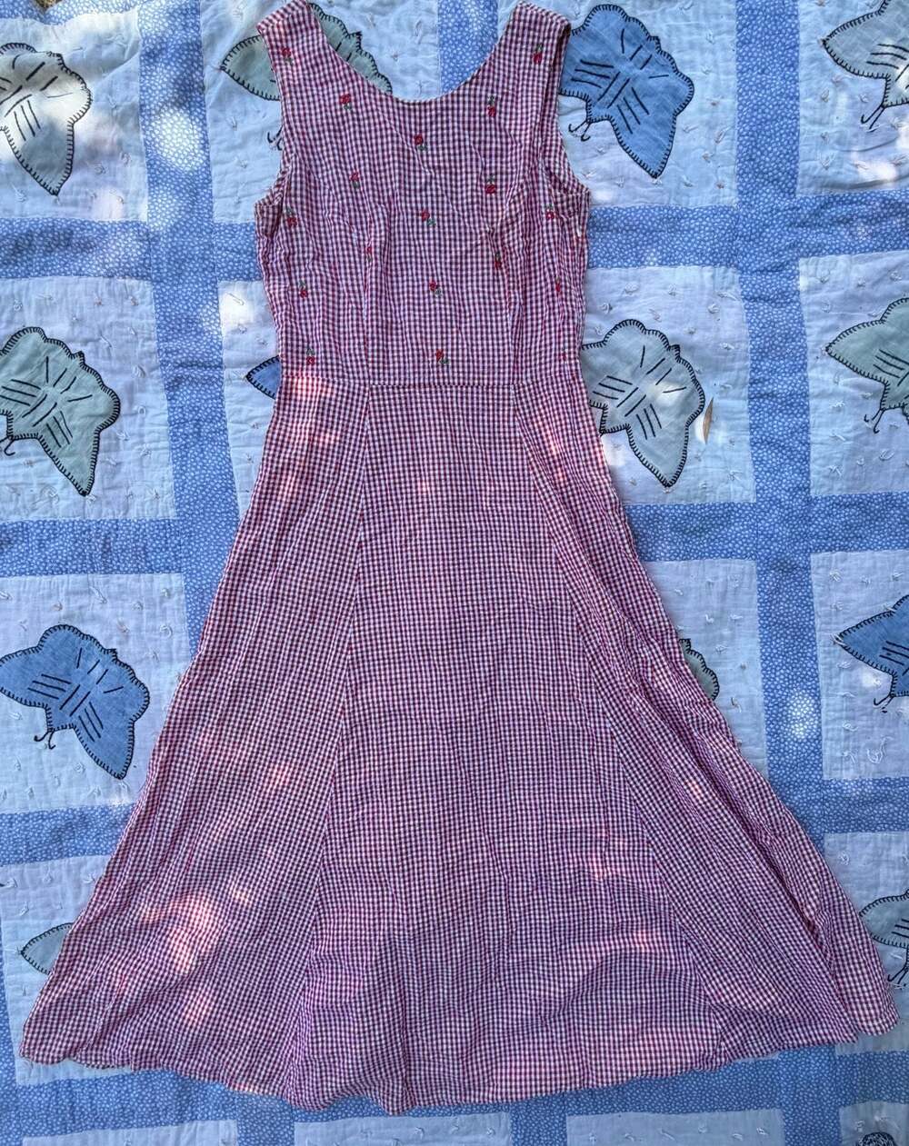 Vintage JG Hook Embroidered Floral Gingham Fit & Flare Midi Dress
